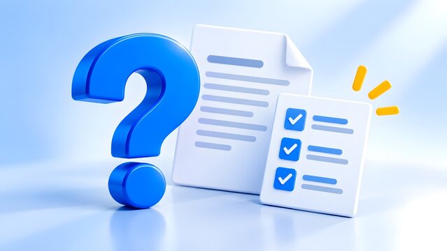 3D blue question mark next to document paper and checklist representing business evaluation problem solving and faq