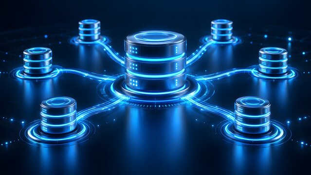 Central glowing blue database server connected to multiple smaller storage units representing cloud network architecture