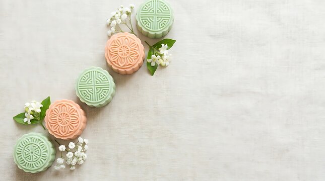 pastel snow skin mooncakes with white flowers mid autumn festival flat lay