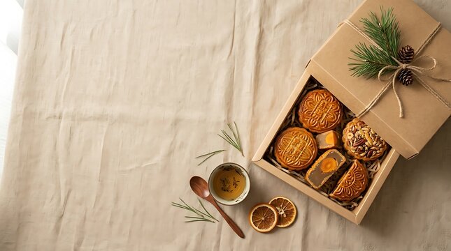 mooncakes in gift box with tea cup on tablecloth mid autumn flat lay