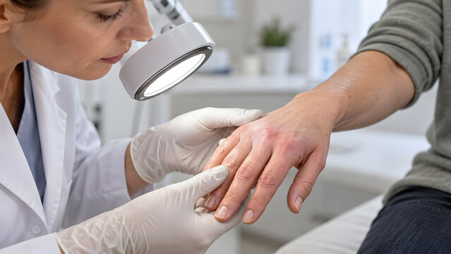 Dermatomyositis knuckle rash examination close-up