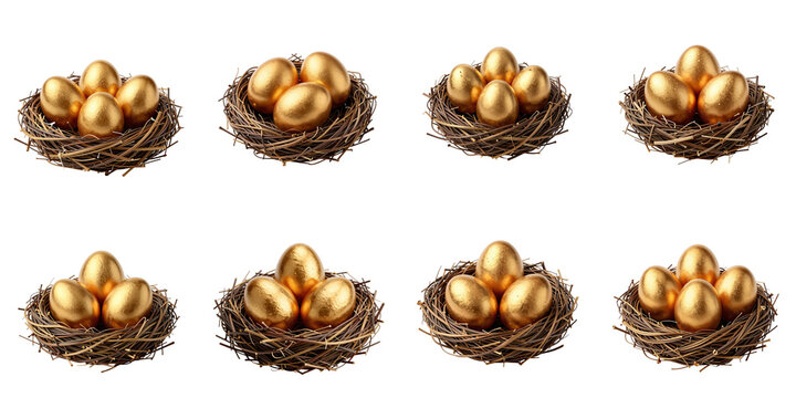 Several golden eggs nestle invitingly in small twig nests set against a stark black backdrop