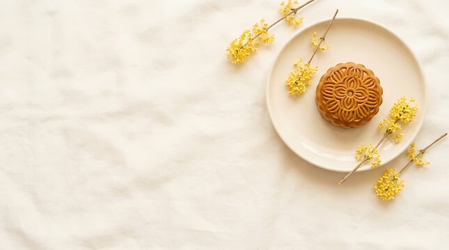 mooncake on ceramic plate with yellow flowers mid autumn festival flat lay