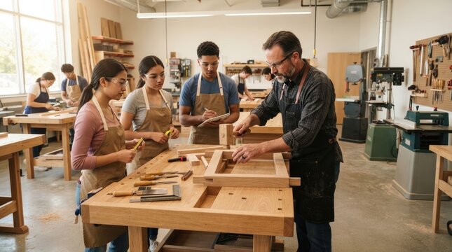 Diverse students learning woodworking skills from a professional instructor in a workshop setting