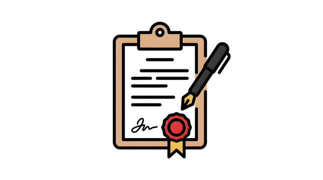 Flat Vector Icon of a Signed Contract Document with Pen and Seal