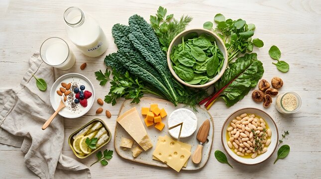 Assortment of calcium rich foods including dairy products and leafy greens on a rustic wooden table perfect for world osteoporosis day