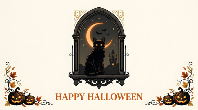 Black cat sitting in a gothic window frame under a crescent moon for halloween with halloween