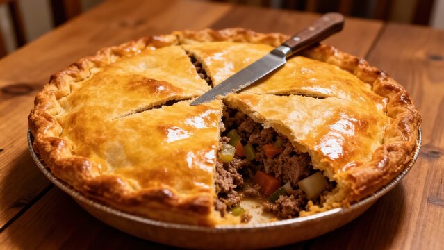 A Canadian tourti&egrave;re, a traditional meat pie with a flaky crust and savory seasoned pork filling, served on a wooden board with pickles and mustard, representing a classic French-Canadian dish