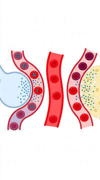 Red blood cells transporting oxygen molecules through capillaries