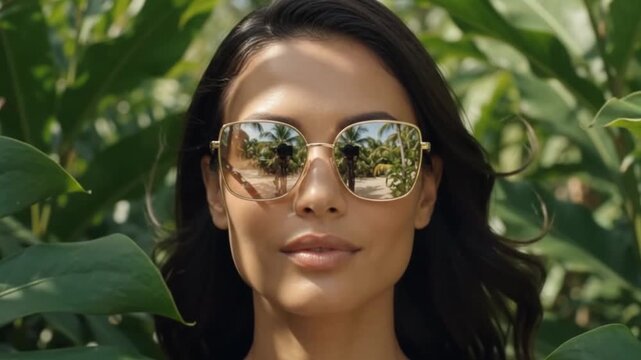 Close-up portrait of a woman wearing reflective sunglasses surrounded by lush tropical foliage and warm natural sunlight.