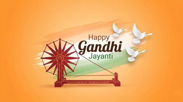 Happy Gandhi Jayanti background with centered wooden charkha spinning wheel and white peace doves