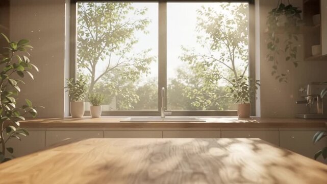 A spacious wooden tabletop receives warm natural sunlight beside large windows, surrounded by indoor plants and minimalist home decor.