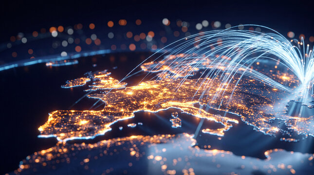 Digital data network connecting Europe, glowing city lights and flowing fiber optic routes across a futuristic map for global communication and technology concepts
