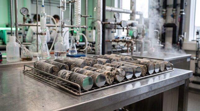 Geological rock core samples on tray in scientific laboratory