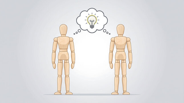 Two wooden stick figure people sharing creative idea lightbulb thought bubble
