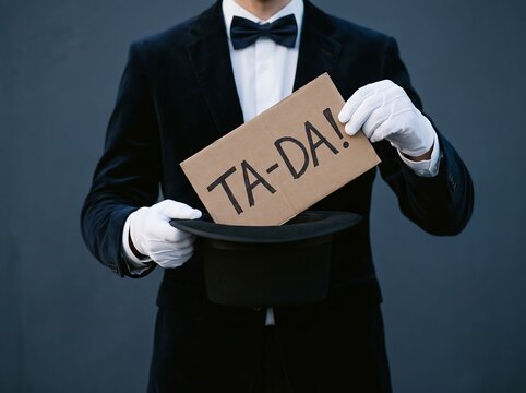 Magician in a Tuxedo Revealing a TADA Sign from a Top Hat.