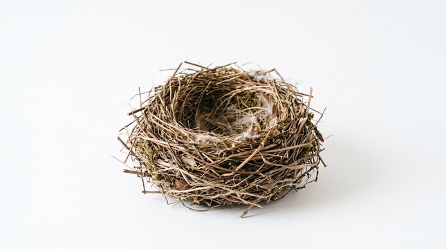 Empty bird nest made of twigs and dry grass isolated on a white background