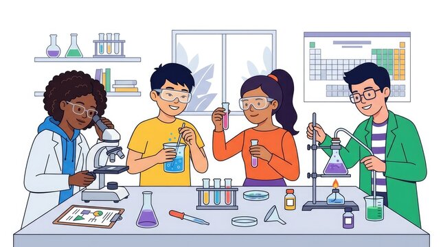 Students conducting science experiments in a chemistry laboratory, educational stem learning and research illustration
