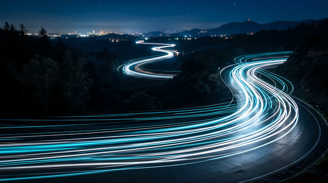 Car racing with light trails on a winding road at night