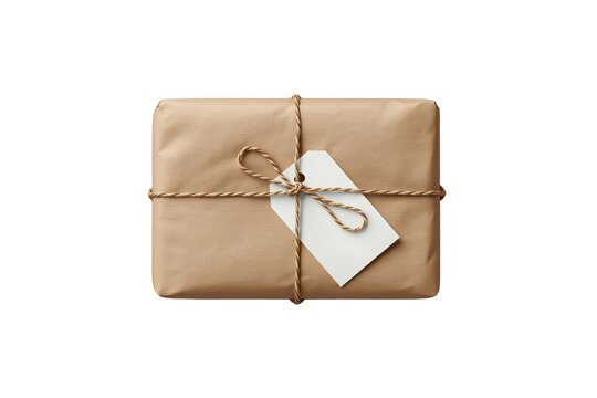 Kraft paper parcel tied with string and blank white tag