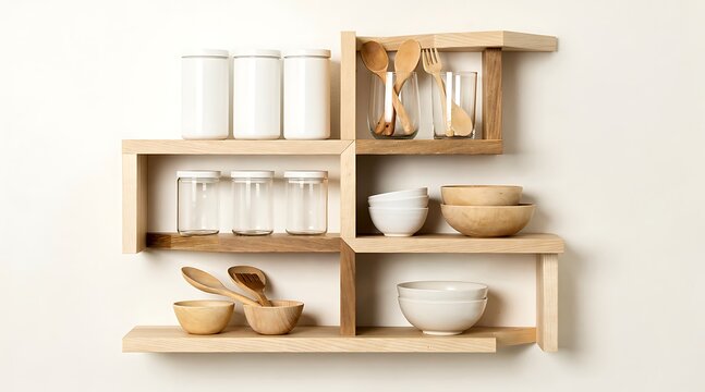 Minimalist Wooden Wall Mounted Shelf Organized with Modern Kitchenware, Ceramic Jars, Wooden Spoons, and Bowls in a Bright Clean Scandinavian Style Interior Design for Home Decoration