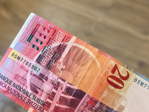 Macro Detail of Musical Score on Swiss Twenty Franc Banknote