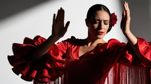 Spanish flamenco dancer in red dress claps hands with passion. Woman wears traditional costume with flower in hair. Emotional female performer expresses culture, art through movement. Dramatic