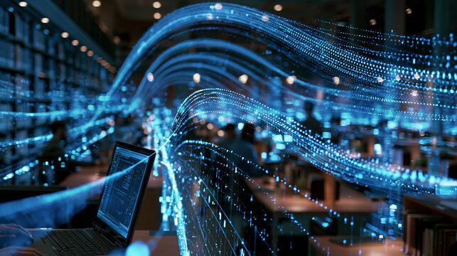 a research university library with data streams digital waves other knowledge symbols coursing through it electric modern