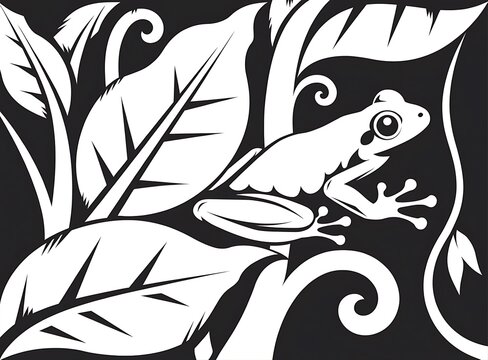 Black and white frog sitting on a decorative leaf illustration