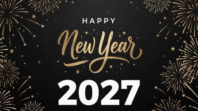 Festive black background with golden fireworks, pyrotechnics, and the calligraphic inscription "Happy New Year 2027". The camera smoothly zooms in on the golden lettering