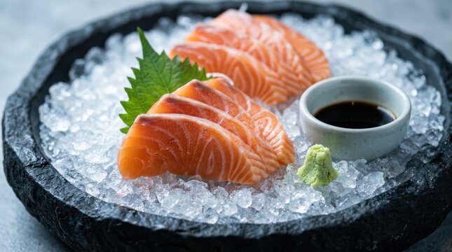 Fresh salmon sashimi on crushed ice with wasabi and soy sauce
