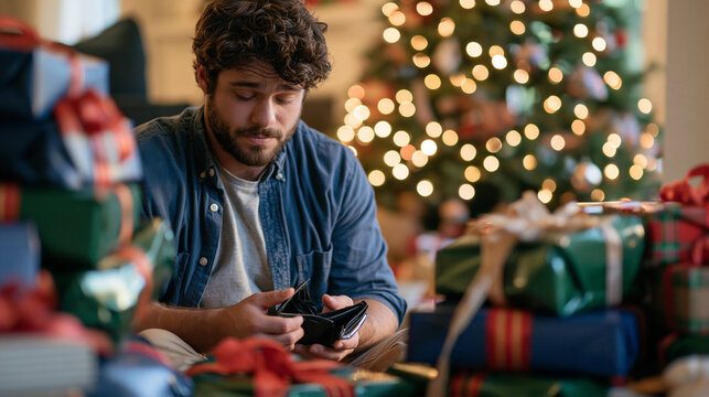 Tired man sitting on floor surrounded by stacks of wrapped gifts staring blankly at open wallet beside glowing Christmas tree visual concept of holiday overspending and financial p