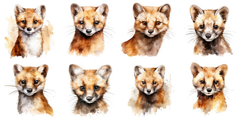 Fototapeta premium Watercolor painting featuring eight adorable fox portraits against a black background
