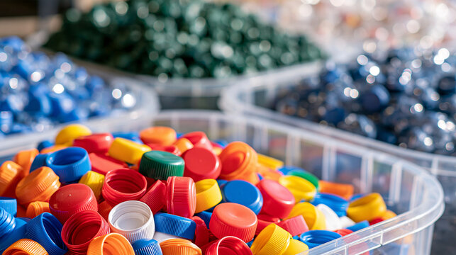 Sorted piles of colorful plastic caps and bottle lids in clear bins, recycling sorting facility, waste segregation concept, circular economy, environmental awareness, industrial da