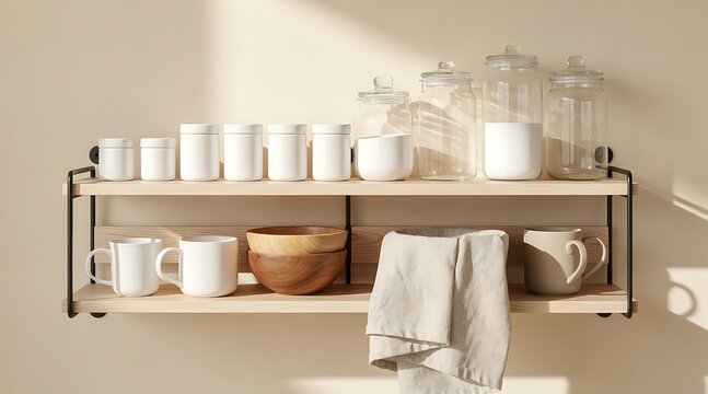 Minimalist wooden wall shelves featuring organized kitchenware including white ceramic canisters, glass storage jars, mugs, and wooden bowls against a neutral beige wall with soft shadows.