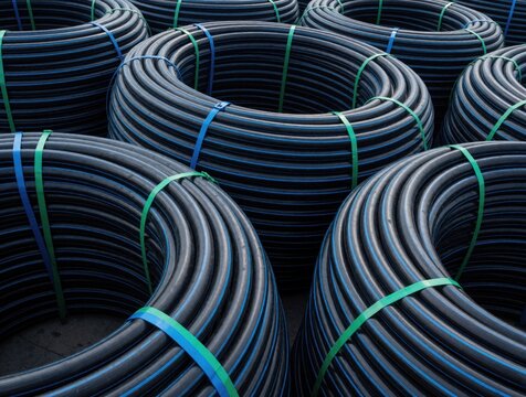 Coiled black MDPE water pipes stack in warehouse. Heavy duty polyethylene tubes for plumbing, irrigation systems. Industrial plastic material rolls for construction infrastructure, liquid transport.