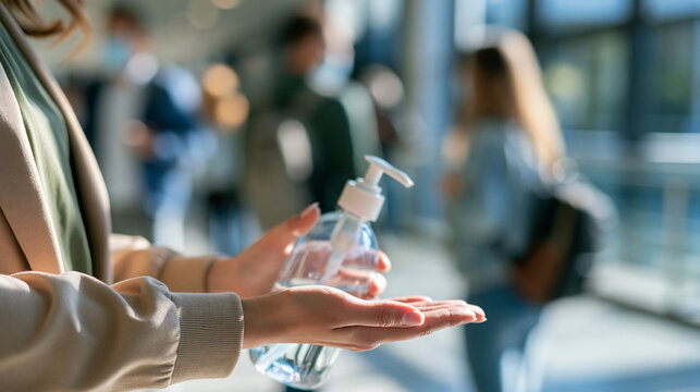 Defocused office workers in a busy hallway with one person applying hand sanitizer in the foreground, flu season, workplace health, public awareness, clean bright daylight, with co