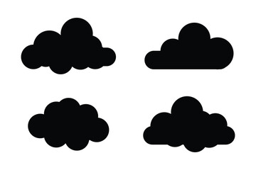 Obraz premium Collection of black flat, filled cloud icons on a white background. Various glyph cloud shapes, cloud patterns, and cloud designs. Perfect for weather, sky, and nature themes. Weather illustration