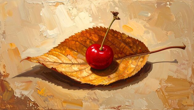 Macro close-up shot of a single glossy red cherry resting on a dry autumn leaf against a textured painted background, commercial still life advertisement banner layout with copy space