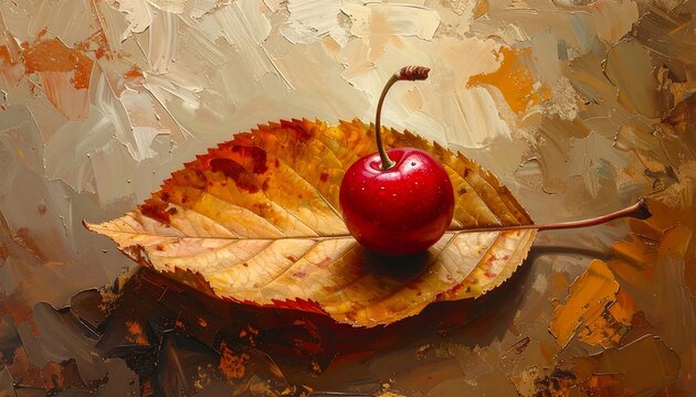 Macro close-up shot of a single glossy red cherry resting on a dry autumn leaf against a textured painted background, commercial still life advertisement banner layout with copy space