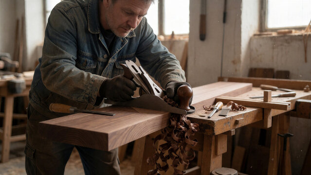 Ein Schreiner bearbeitet dunkles Nussbaumholz mit einem Handhobel. Die sichtbaren Hobelsp&auml;ne und die markante Maserung machen den Arbeitsschritt besonders anschaulich.
