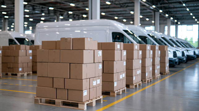 Defocused last-mile delivery depot with organized rows of parcels loaded onto vans, retail supply chain visualization, logistics infrastructure, bright clean daylight, with copy sp