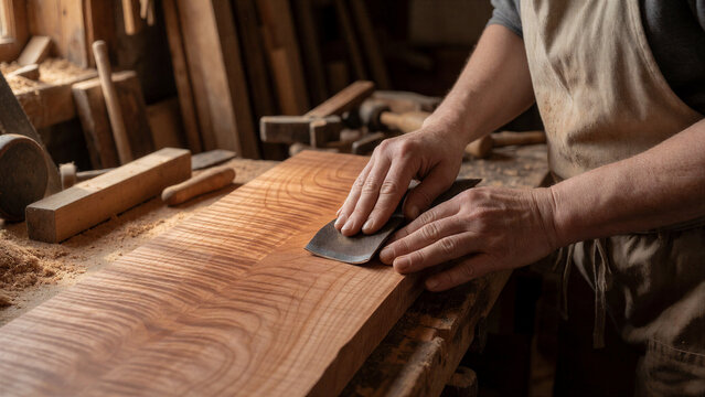 Eine Schreinerin schleift Kirschholz von Hand. Die Variante unterscheidet sich bewusst durch traditionelles Handschleifen und eine r&ouml;tliche, dekorative Holzart.