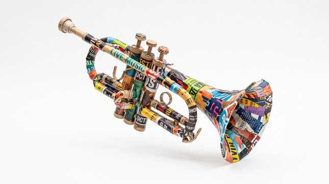 Colorful trumpet covered in vintage paper collage on a white background