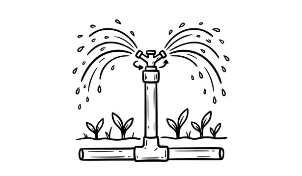 Garden sprinkler illustration watering green plants and garden beds with flowing water streams for irrigation and landscape care