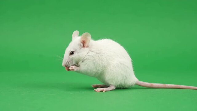 A white laboratory mouse sits on a bright green screen background (chromakey) and actively sniffs the air. The small rodent washes its face with its paws and attentively explores its surroundings.