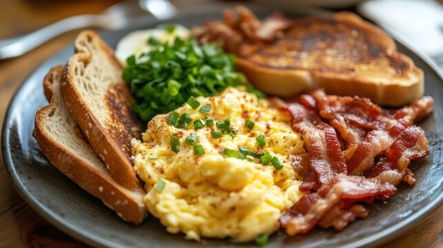 Scrumptious breakfast platter with eggs, bacon, and toast