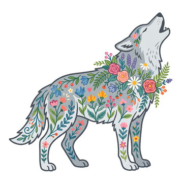 Howling wolf illustration with floral pattern isolated on white background