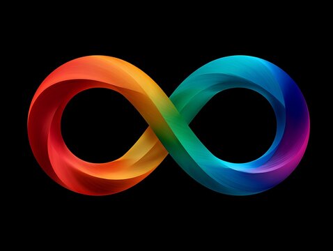 Vibrant rainbow infinity symbol on black, representing the neurodiversity spectrum, acceptance, and the infinite potential of all minds.