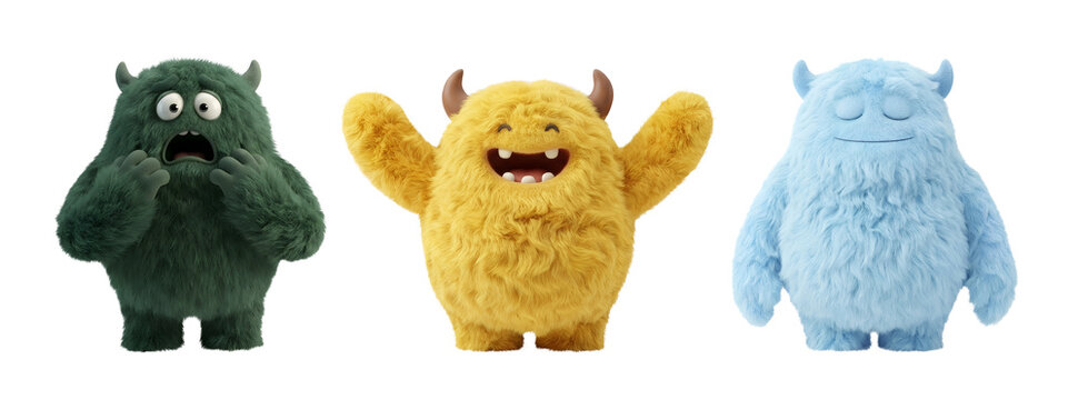 Set of three cute furry monsters on transparent background. Green scared, yellow happy and blue calm alien creature. 3D character design for children, animation, game and holiday mascot.